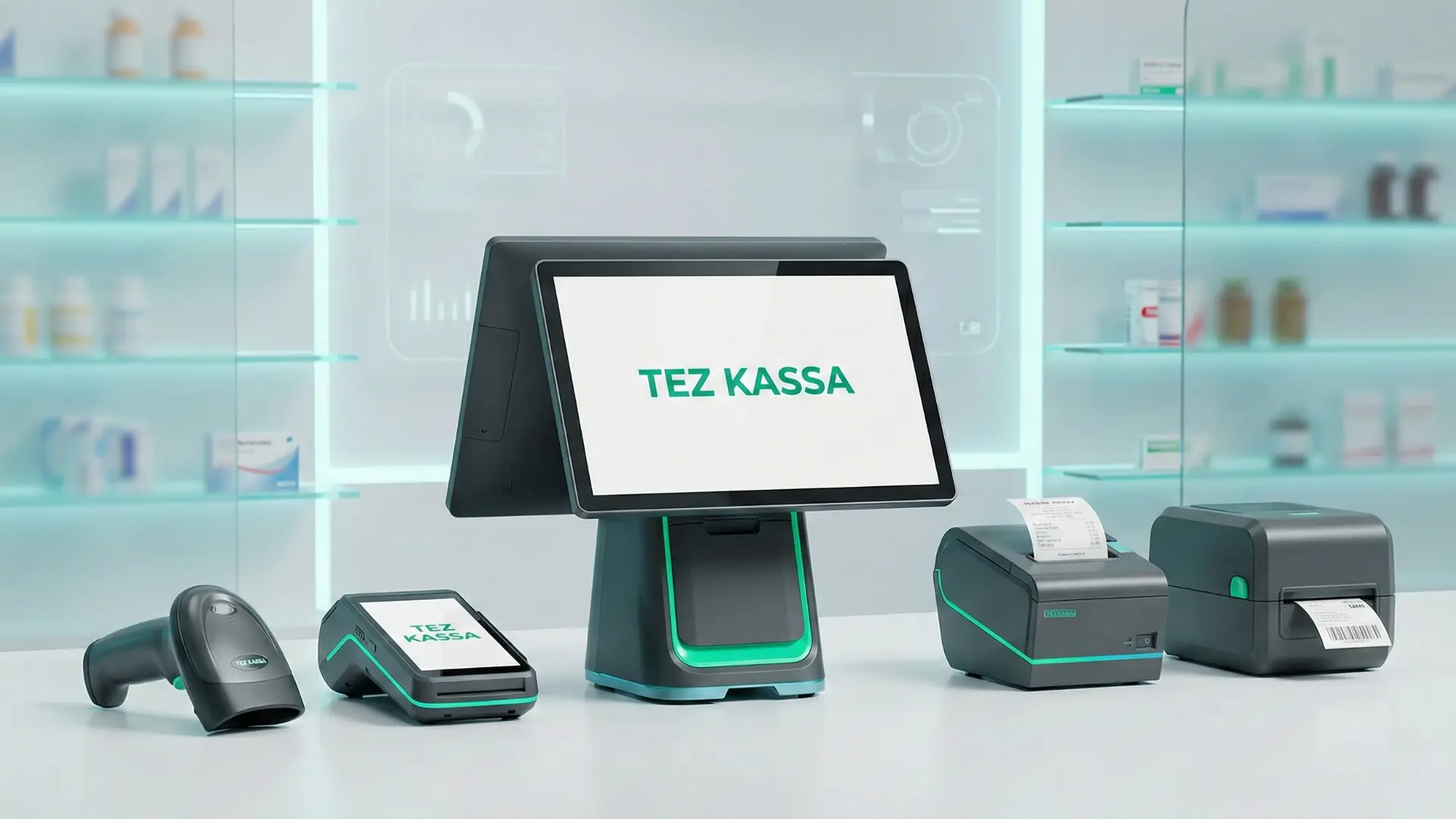 Оборудование для автоматизации аптеки - моноблок в качестве кассового терминала, сканер штрихкода, считывающий маркировку, принтер чека и принтер этикеток